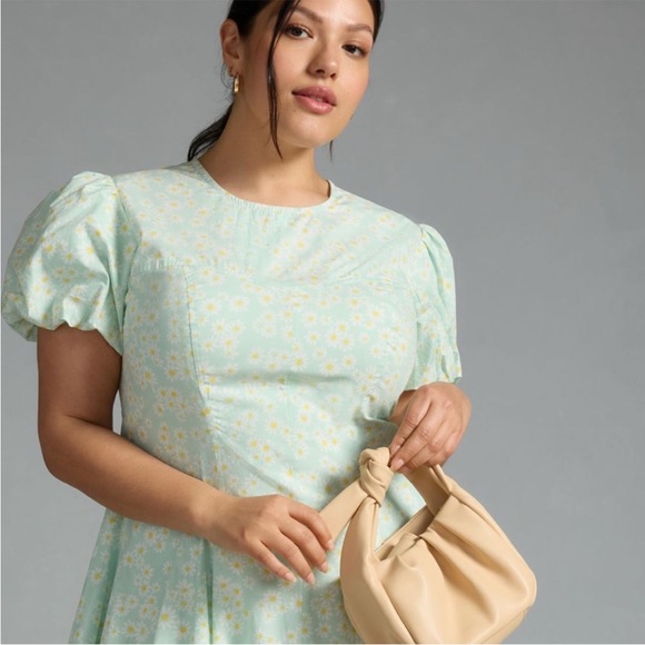 MAEVE Puff-sleeve Pleated Dress Mint Green With Daisies Size:XL NWT - Picture 2 of 7